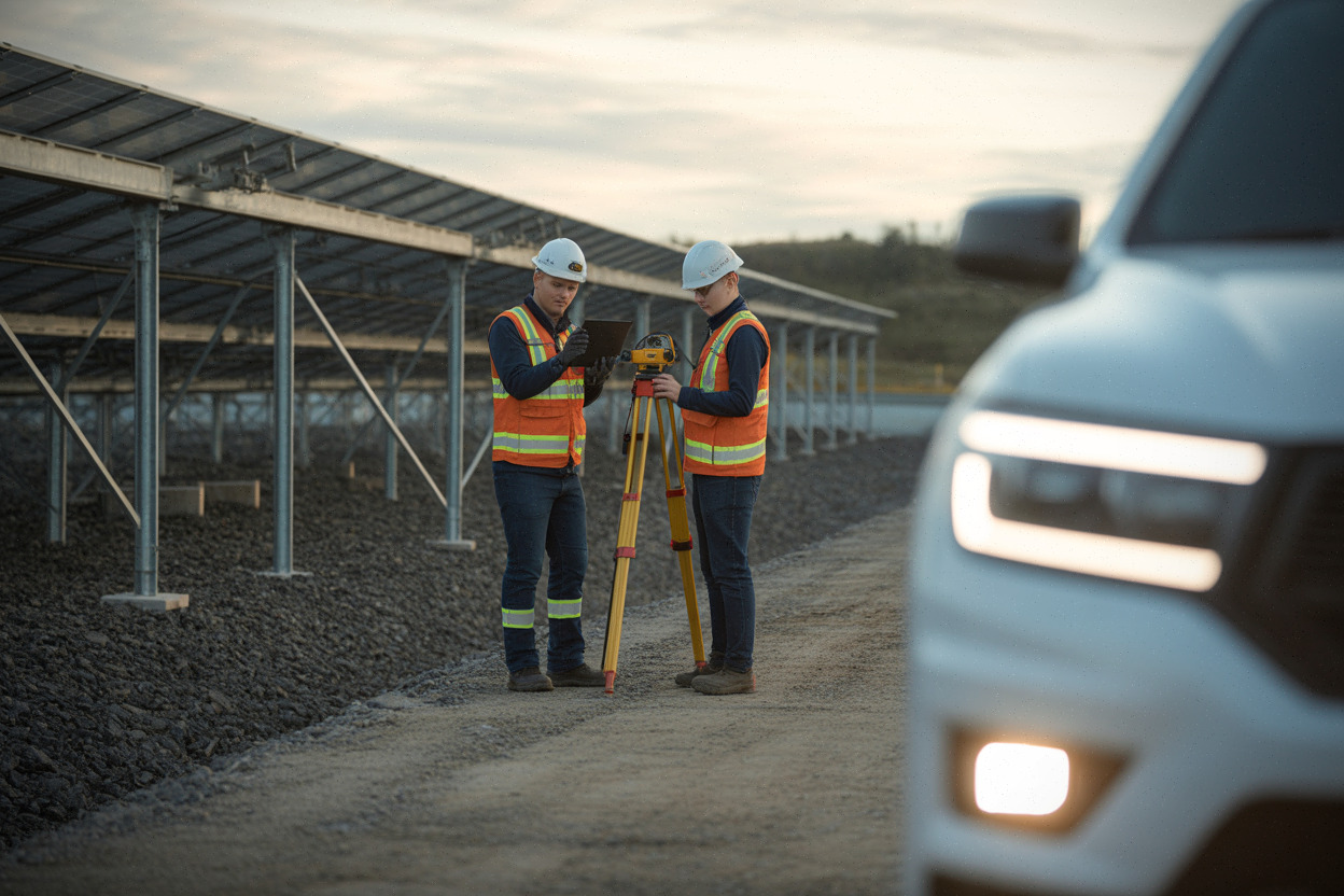 Techniciens contrôlant la stabilité d’une décharge minière convertie au solaire
