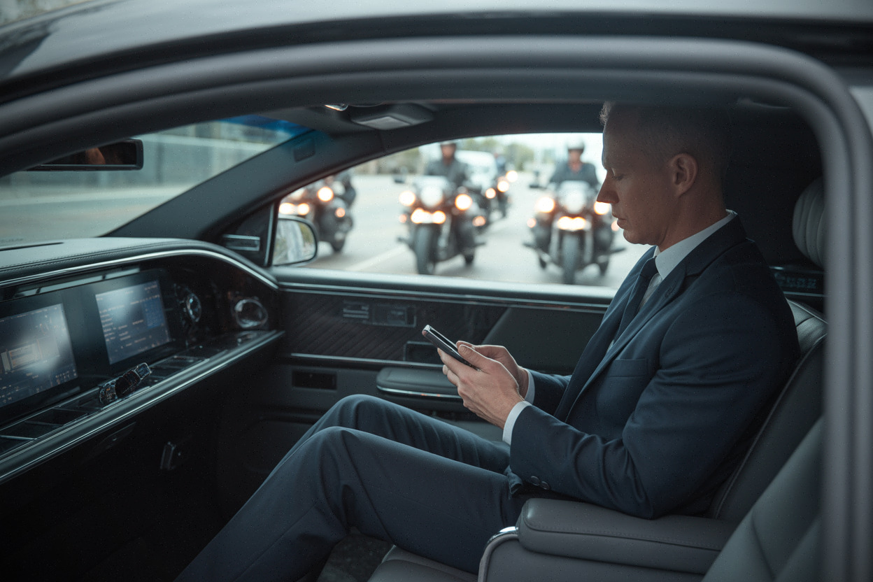 Habitacle sécurisé d’une voiture présidentielle électrique, équipements discrets et écran numérique