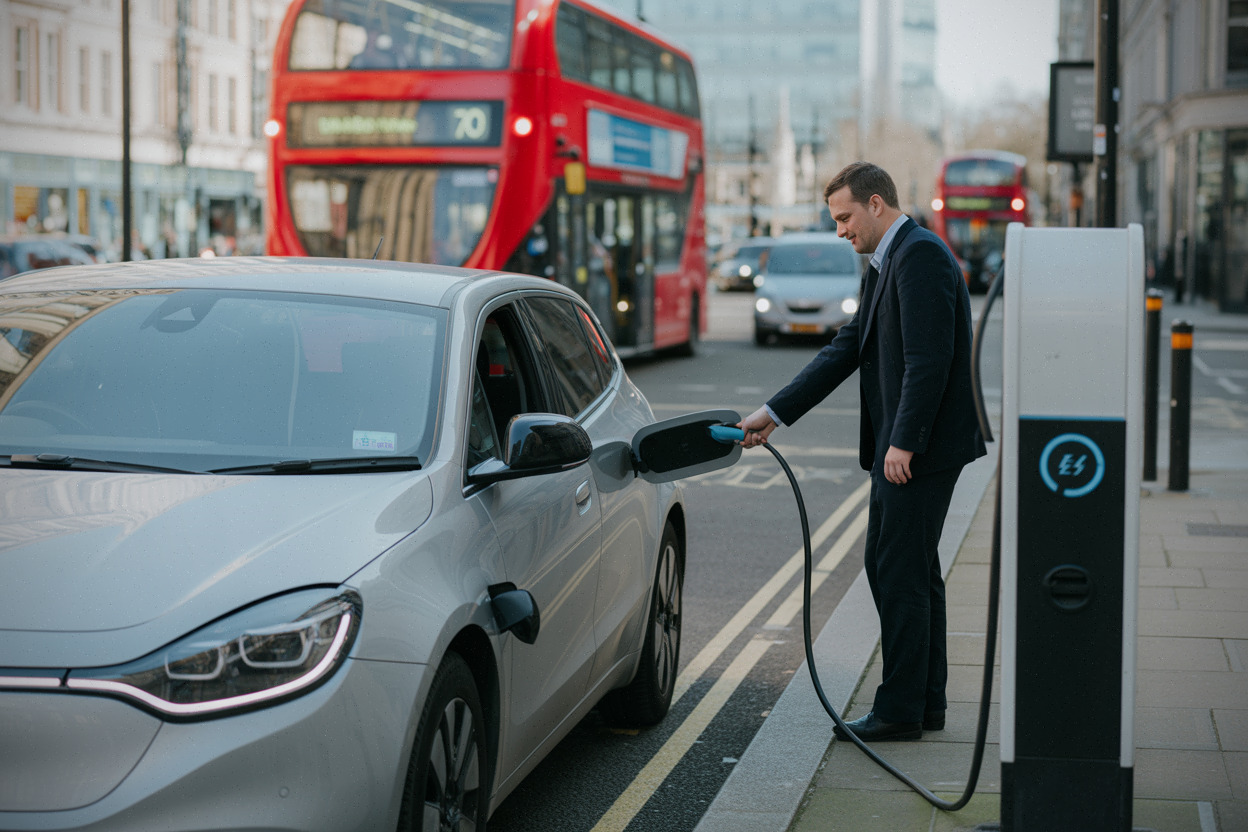 Recharge publique à Londres, voiture électrique et automobiliste au câble