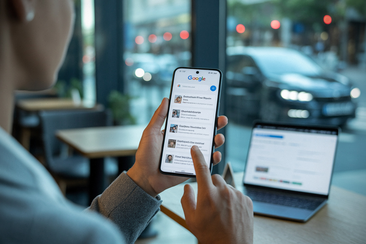 Utilisateur consultant un résumé IA dans Google sur smartphone moderne