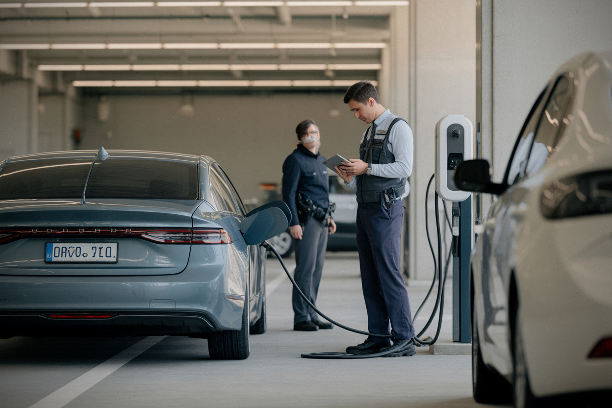 Recharge sécurisée d’une voiture officielle électrique dans un garage gouvernemental moderne