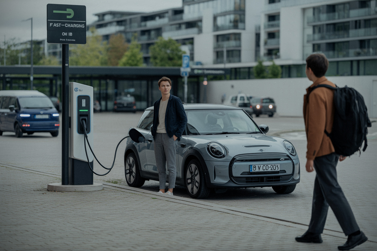 Mini Cooper Electric en recharge sur borne publique en zone urbaine