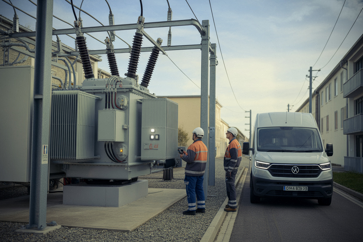 Techniciens modernisent un poste électrique, enjeu clé des réseaux européens.