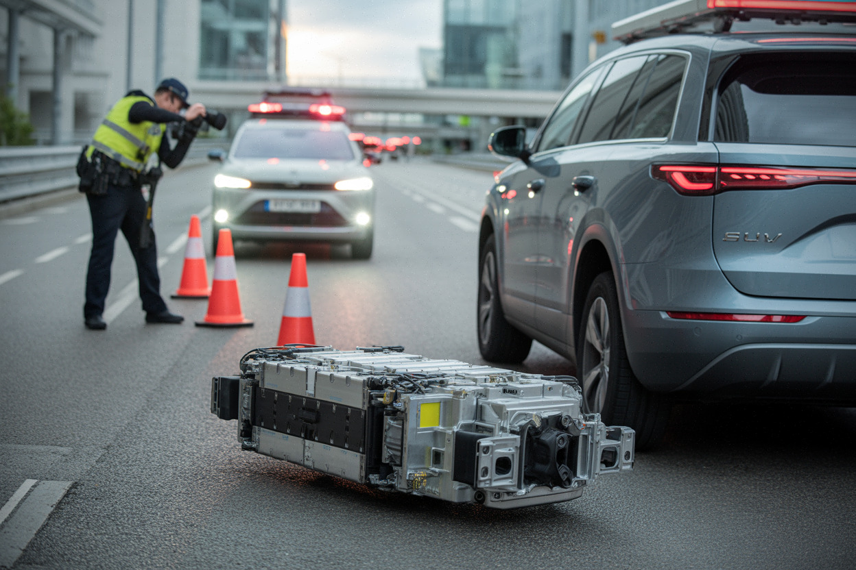 Moteur détaché sur chaussée derrière un SUV électrique récent