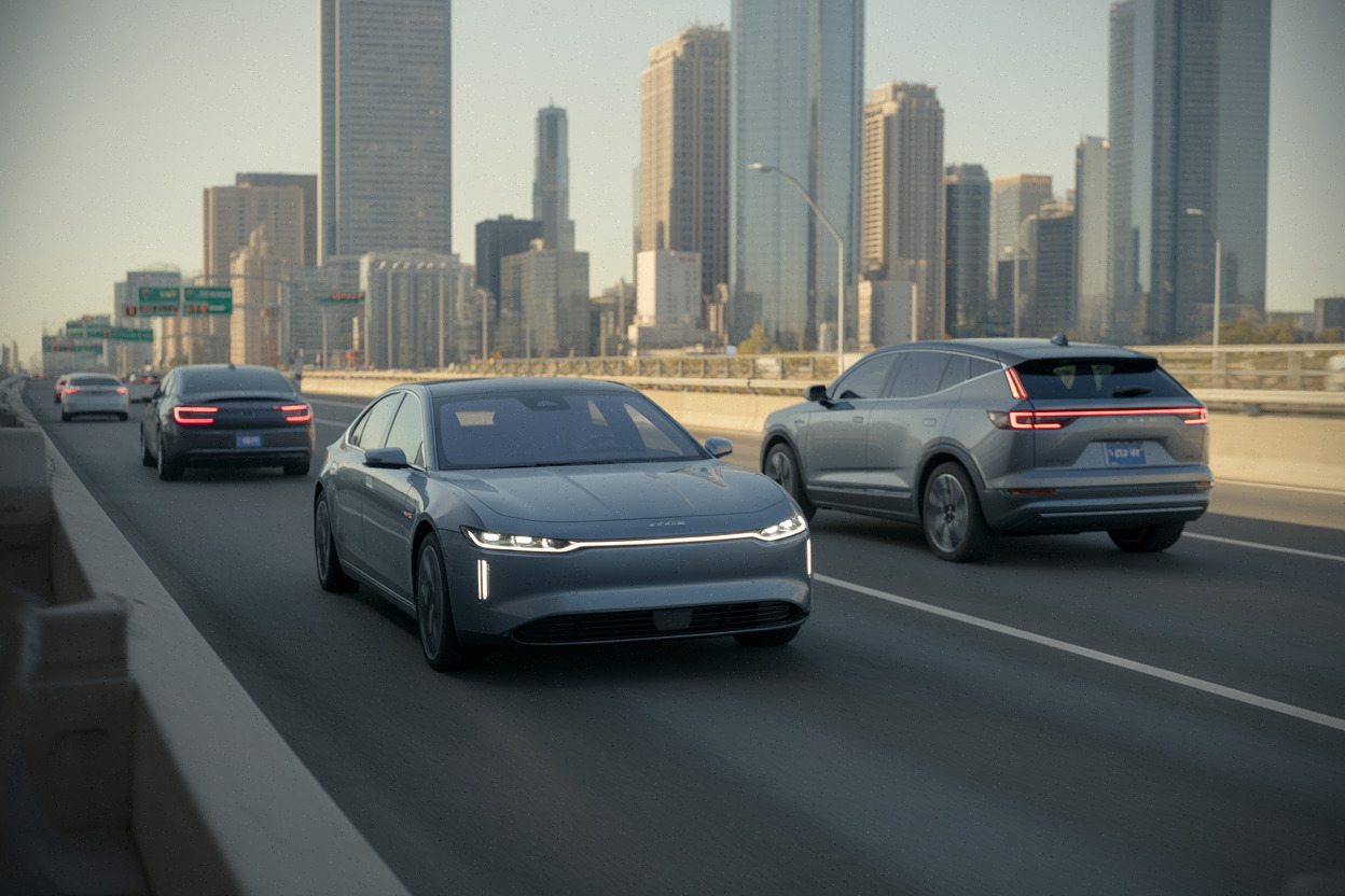 Berline électrique premium sur autoroute face à une concurrence de modèles récents