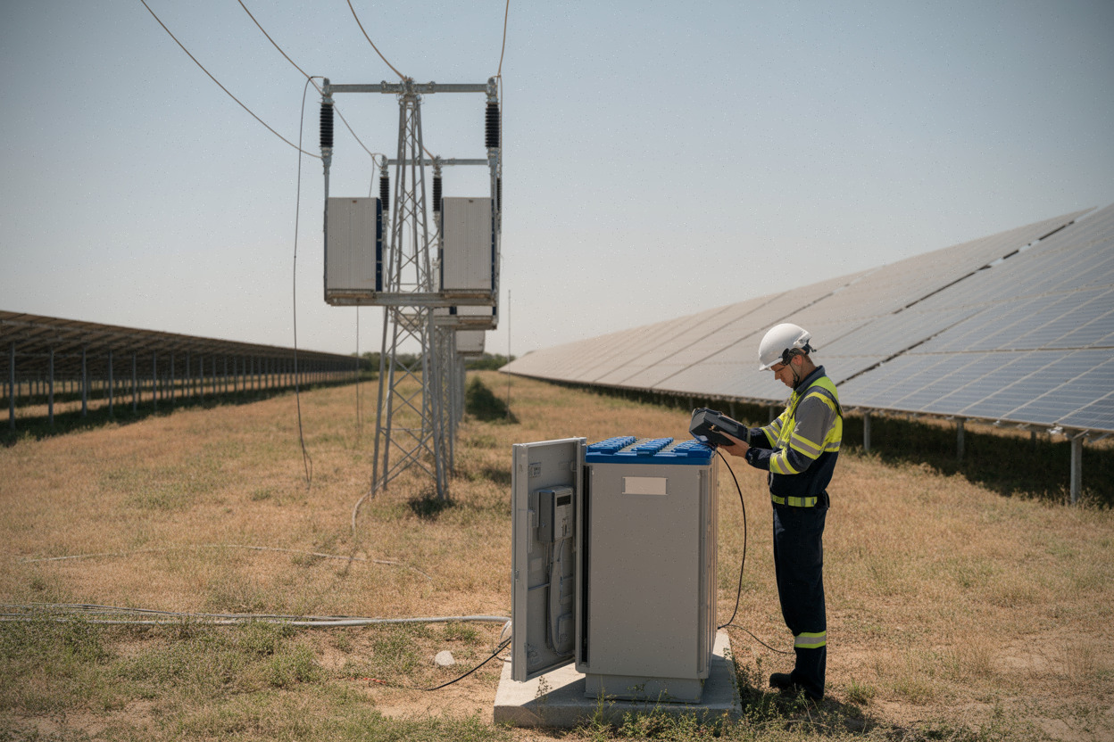Parc solaire et poste électrique, avec batteries pour lisser la production