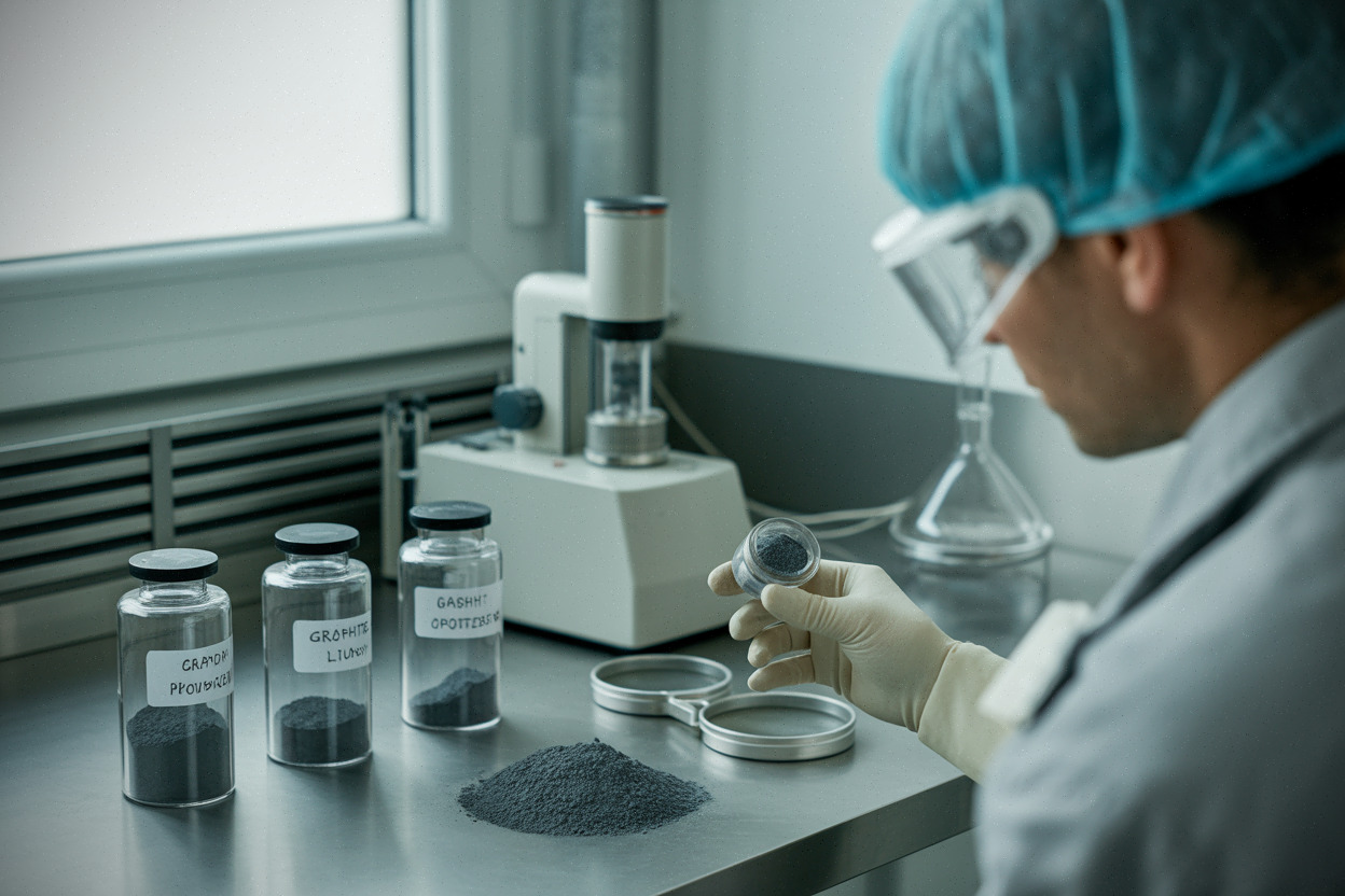 Technicien analyse des échantillons de graphite pour qualité batterie en laboratoire