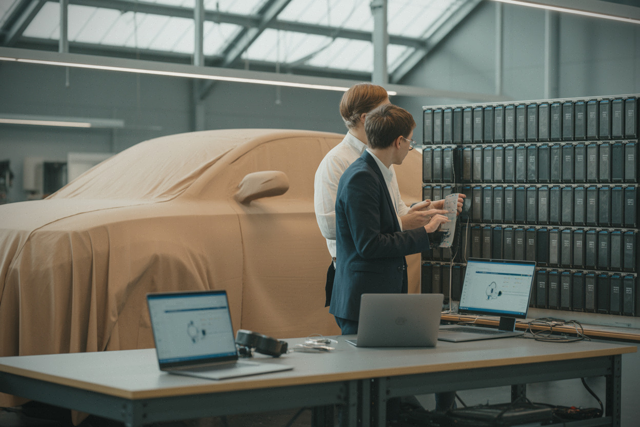 Ingénieurs Toyota en studio design autour d’un prototype électrique non dévoilé