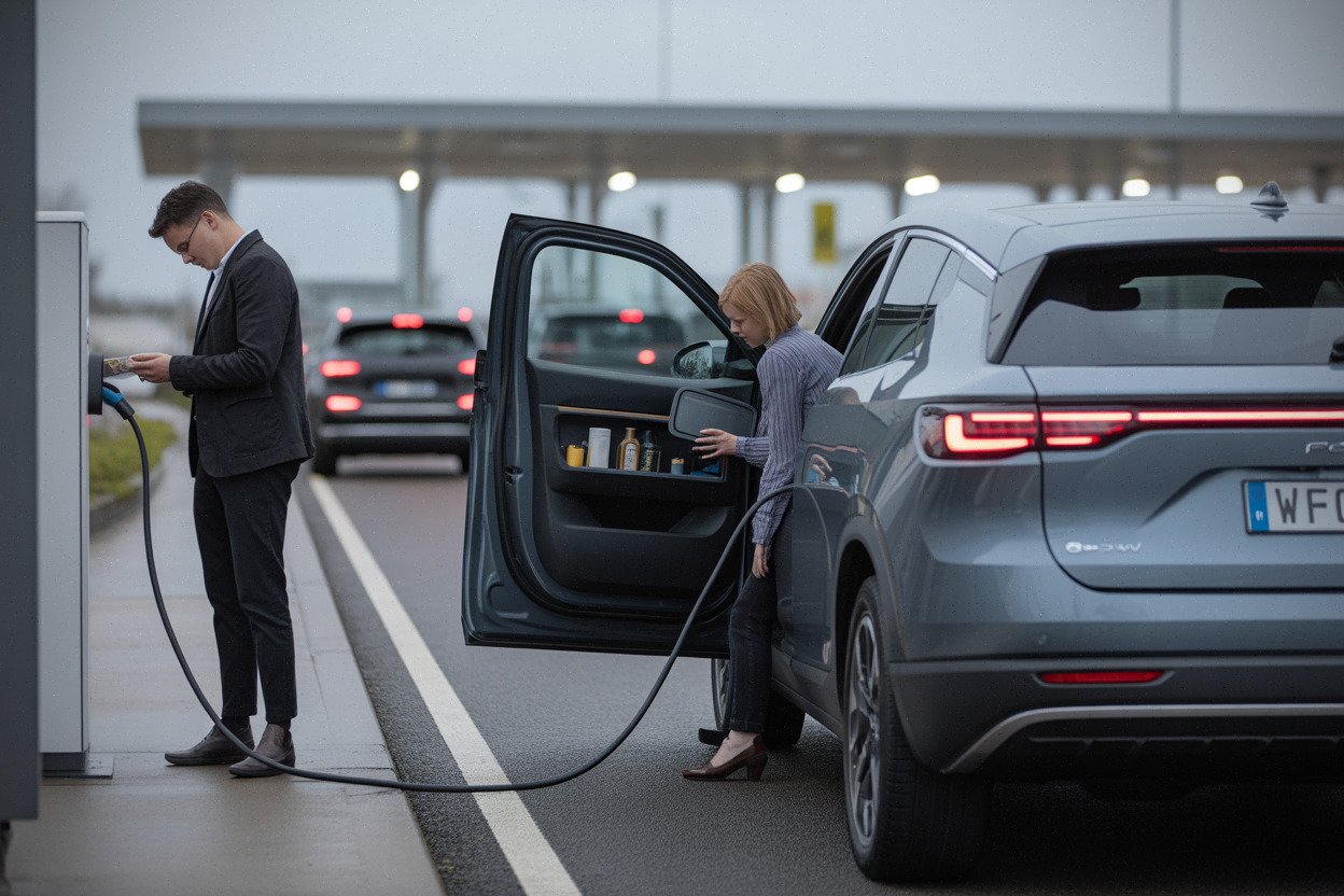 SUV électrique en recharge, pause longue et aménagement bar visible