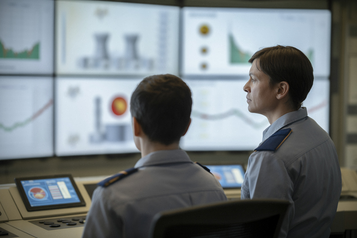 Salle de contrôle moderne, suivi des rejets thermiques et ajustement de puissance