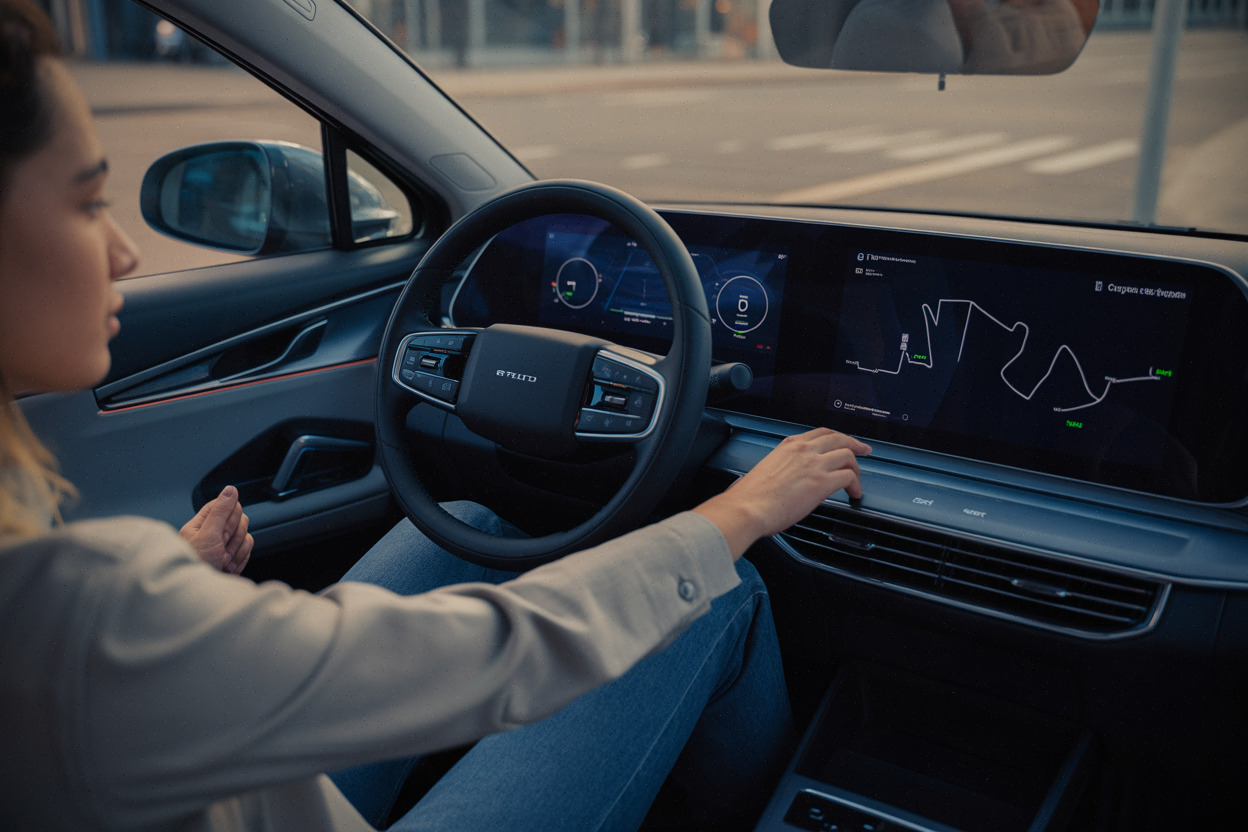 Poste de conduite d’une berline électrique Audi avec écrans et interface moderne