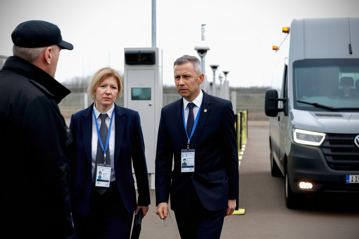 Inspecteurs internationaux devant un poste de contrôle sécurisé lié à la sûreté nucléaire