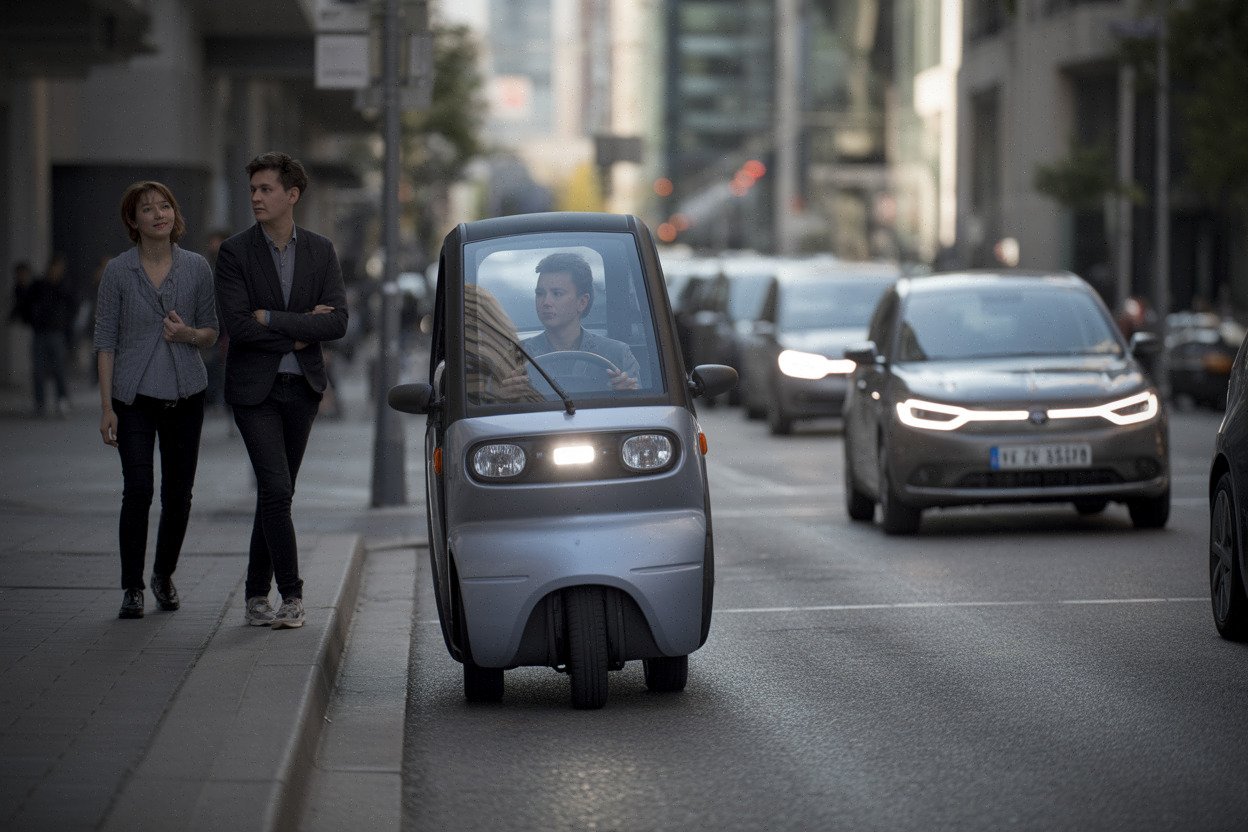Micro-citadine électrique Smart se gare dans une place étroite en centre-ville
