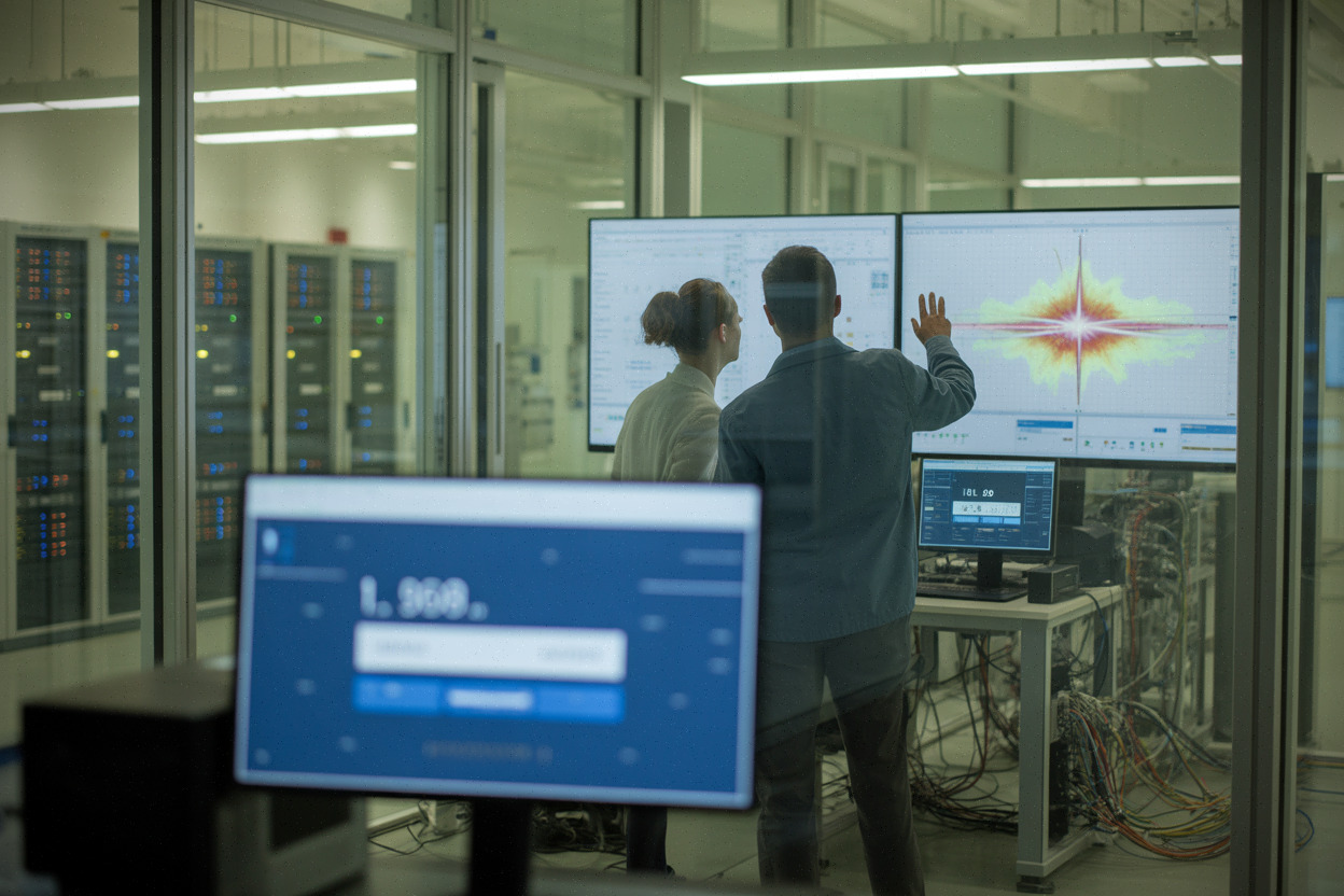 Chercheurs en fusion nucléaire analysant des données dans une salle de contrôle
