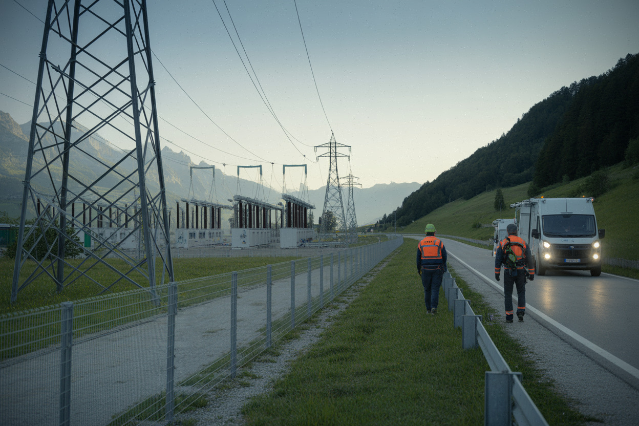 Interconnexion électrique France-Italie, pylônes et station, techniciens sur site