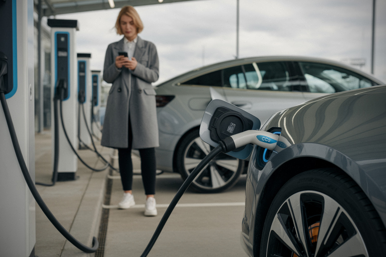 Recharge rapide d’une voiture électrique, câble branché et conducteur avec smartphone