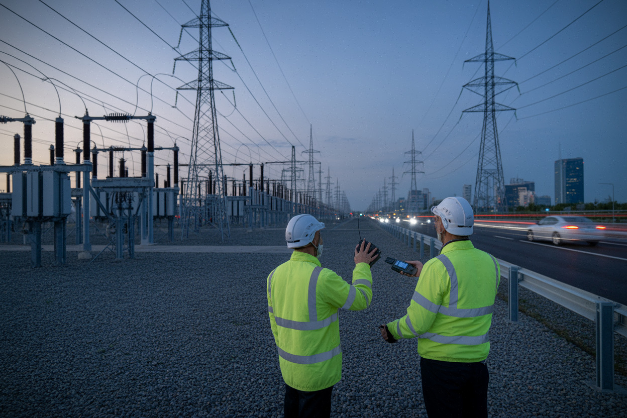 Interconnexion électrique européenne, pylônes et poste, techniciens réseau au travail