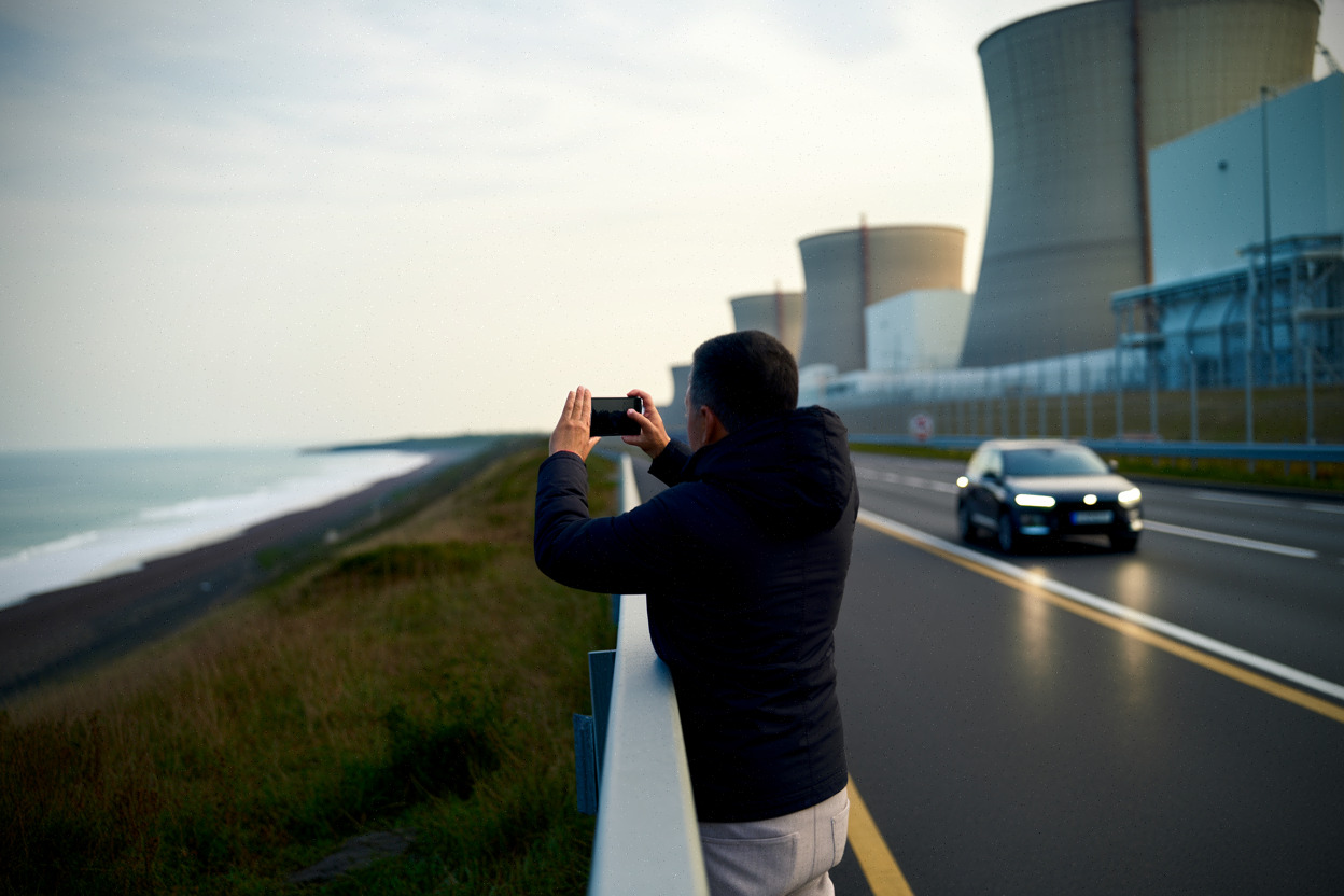 Centrale nucléaire côtière et riverain observant le site à distance