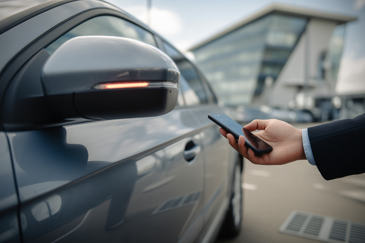Clé numérique sur smartphone près d’une poignée de SUV TANK