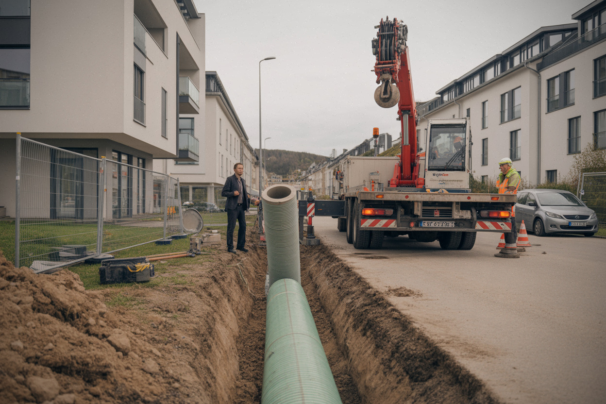 Chantier de pose de canalisations pour réseau de chaleur en Moselle