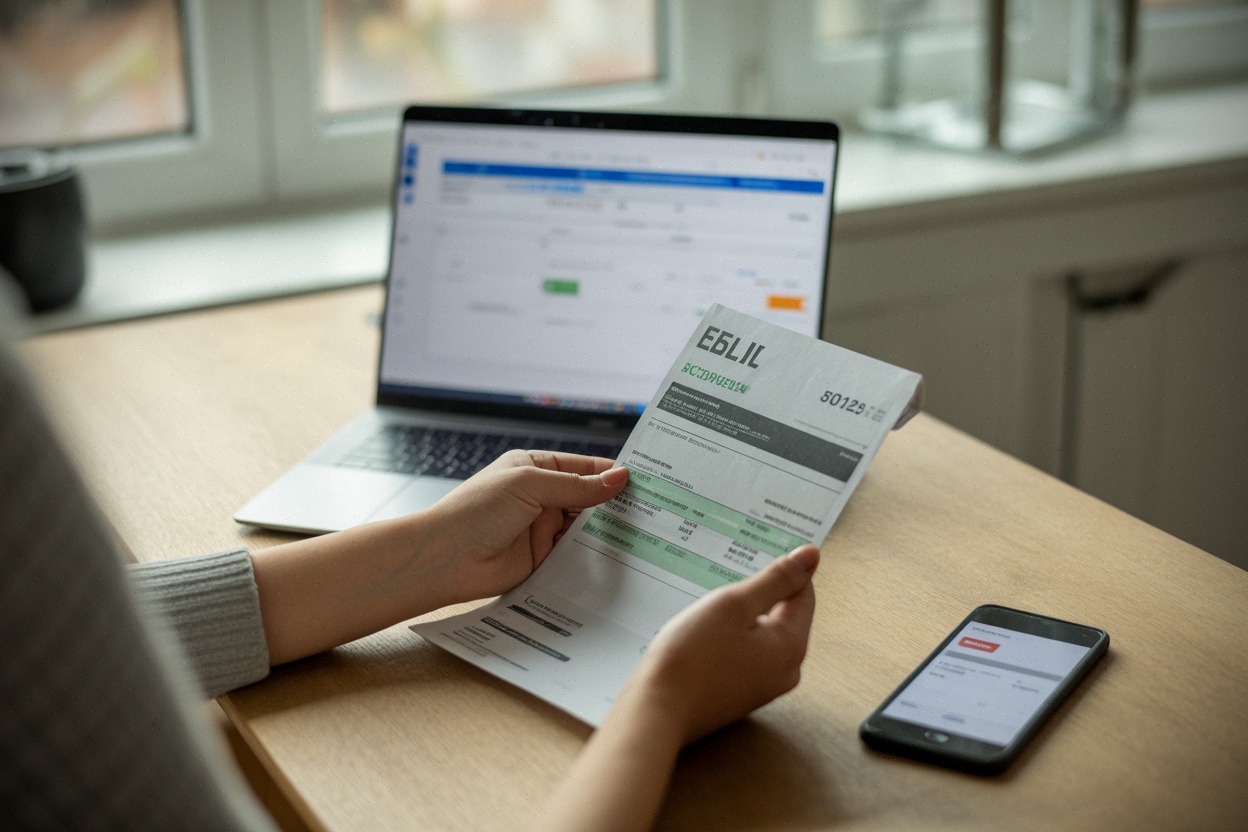 Mains comparant facture d’énergie et relevé bancaire sur table