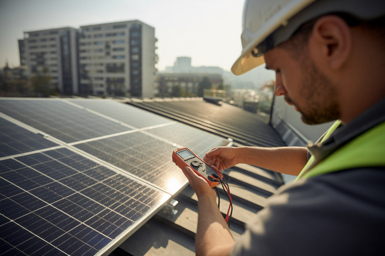 Installateur vérifiant des panneaux solaires sur une toiture urbaine en 2026