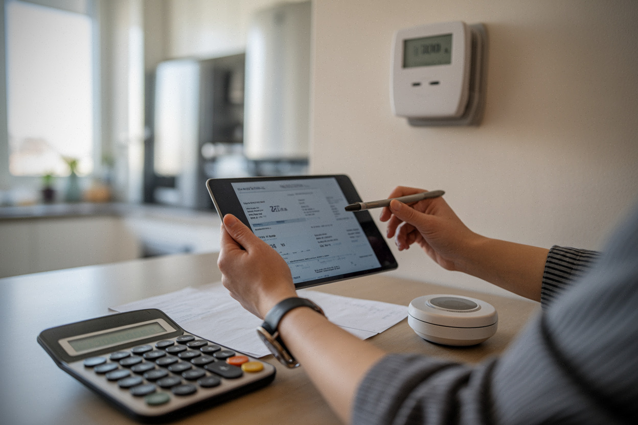 Un ménage analyse sa facture d’énergie avec tablette et calculatrice.