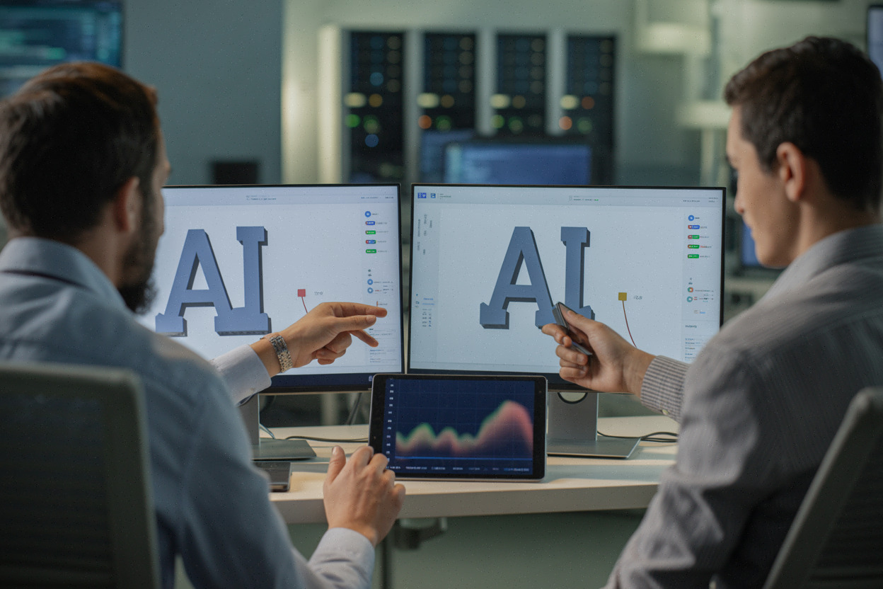 Ingénieurs testant un modèle IA via API en environnement professionnel