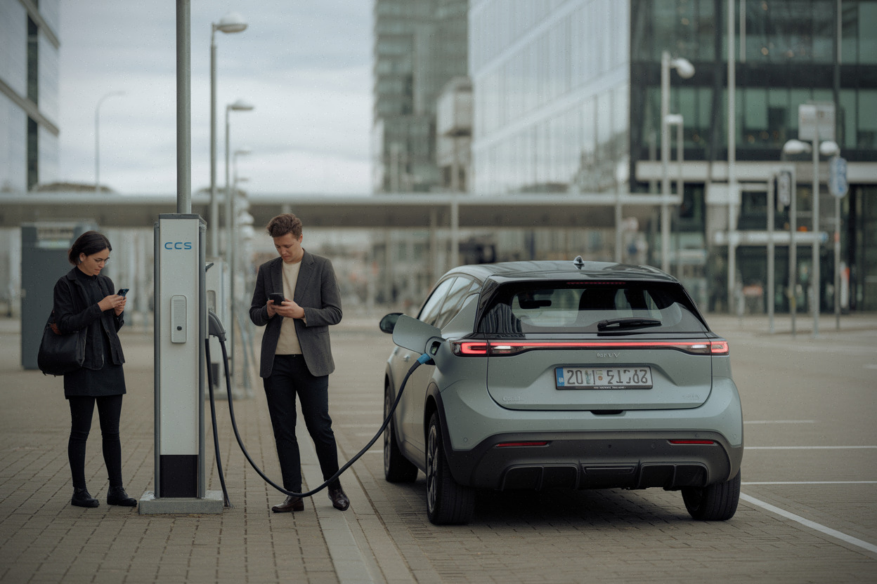 Prototype Ioniq 3 en recharge rapide dans un hub urbain moderne