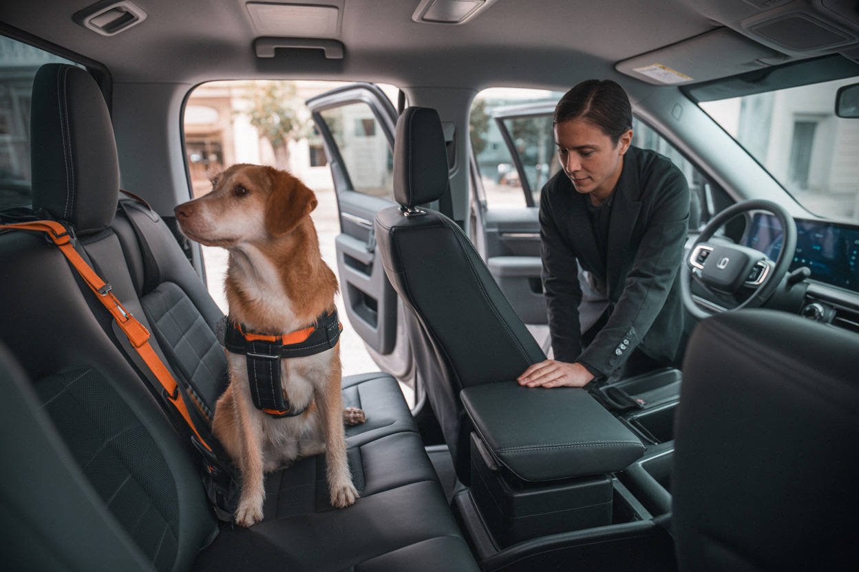 Transport sécurisé d’un chien en voiture avec harnais et séparation