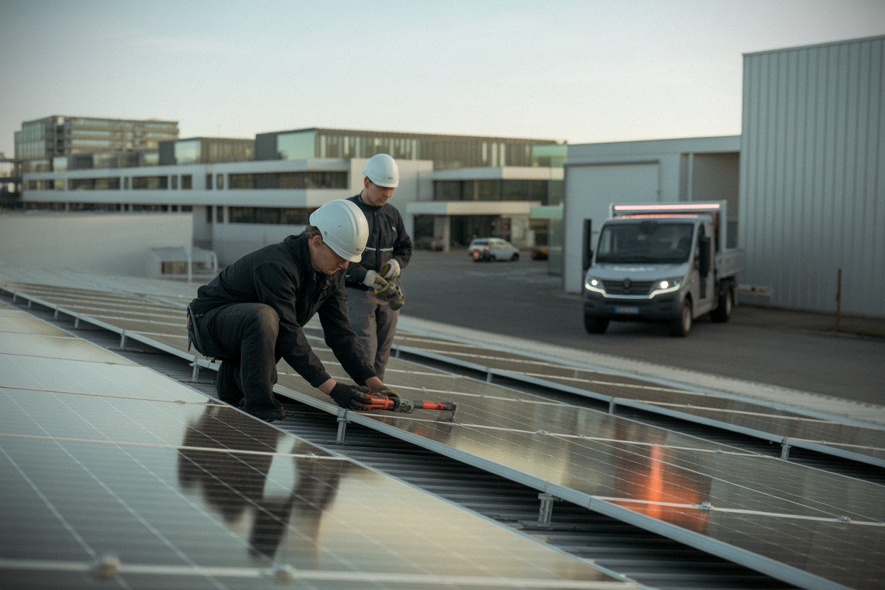 Panneaux solaires sur toit industriel dans les Pays de la Loire