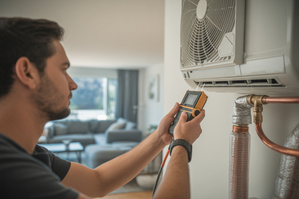 Installateur contrôle le débit d’air d’une climatisation split Bosch