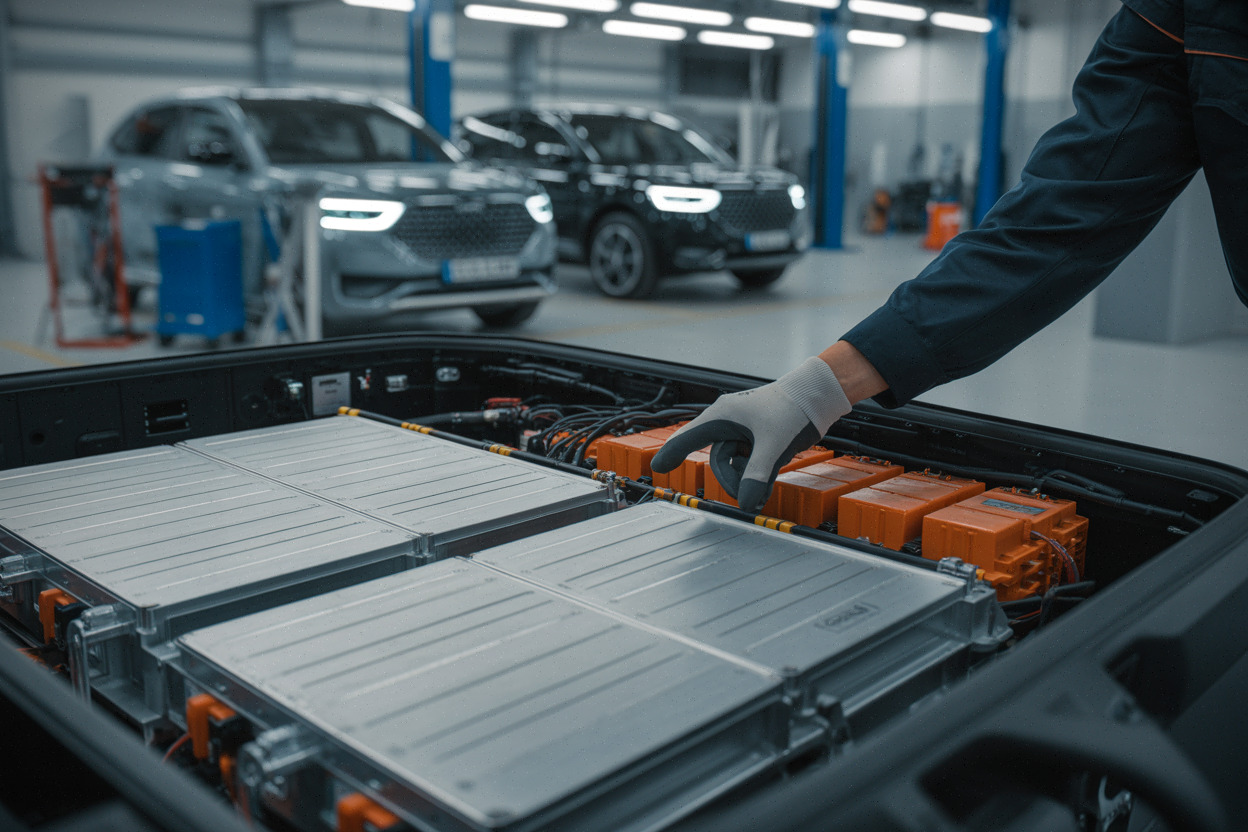 Gros plan d’un pack batterie géant avec modules et câbles haute tension
