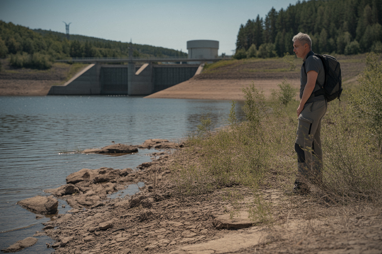 Barrage à sec et niveau d’eau bas en période de sécheresse