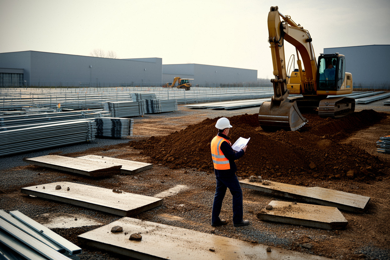 Travaux sur friche industrielle près du Mans avant pose des panneaux solaires