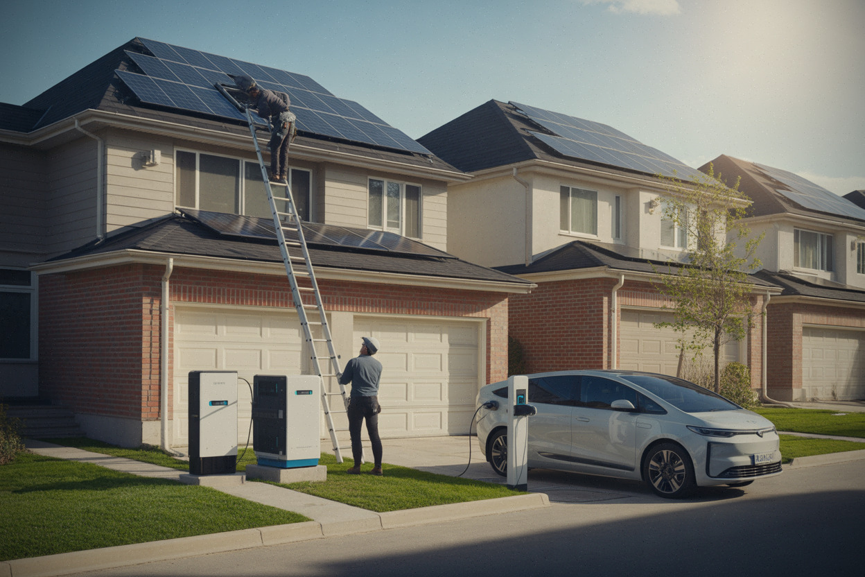 Installation de panneaux solaires sur toiture avec batterie et recharge de véhicule électrique