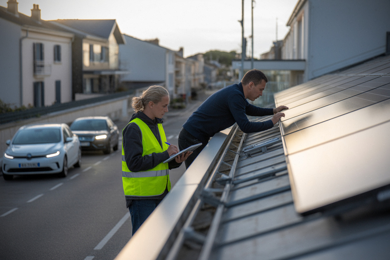 Projet solaire sur toiture publique, inspection technique et prise de notes.