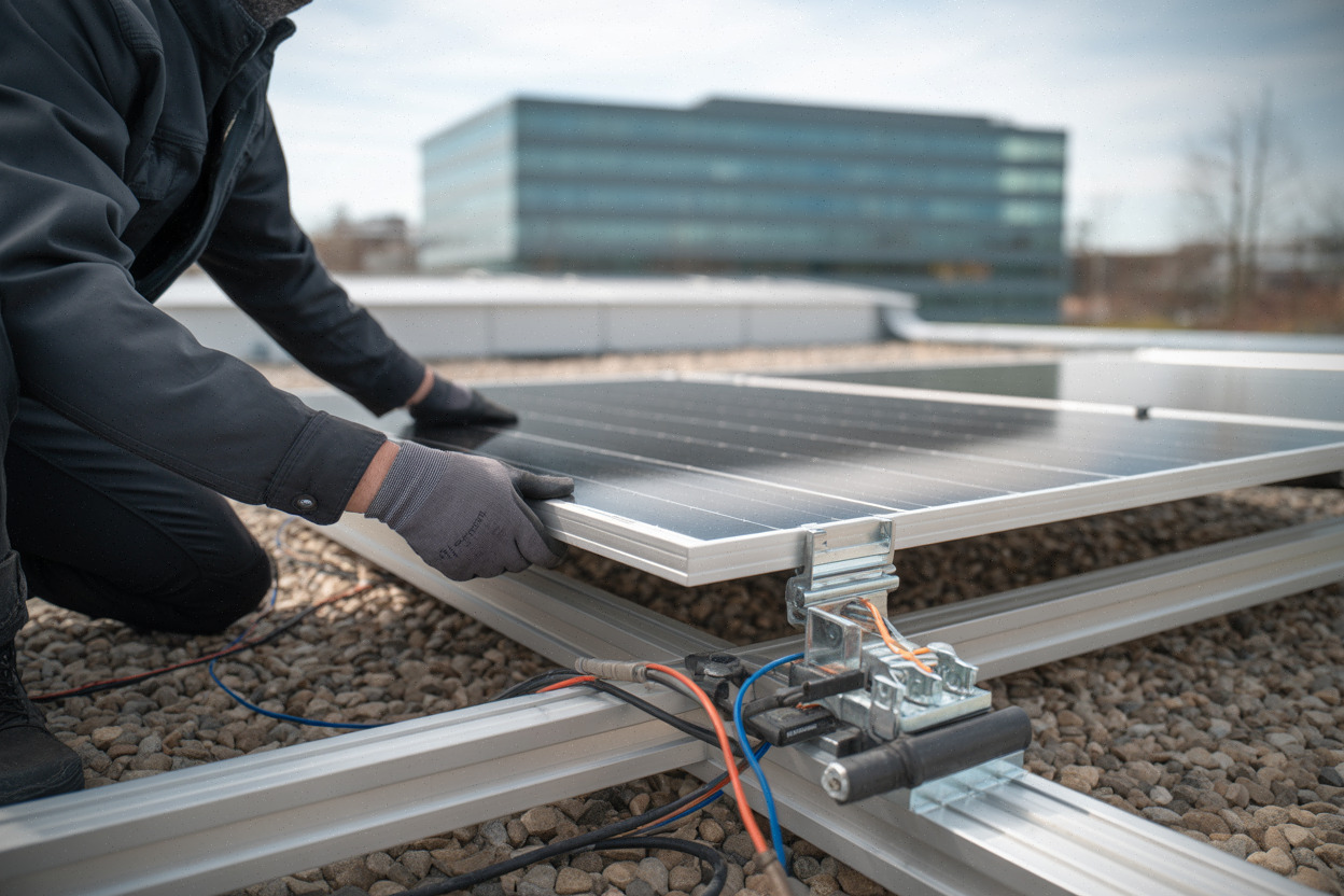 Pose de module solaire sur rails en toiture moderne