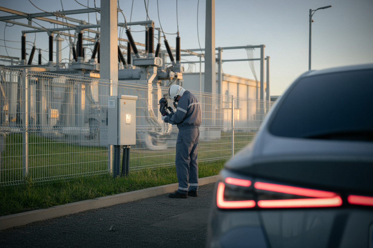 Technicien inspectant un poste électrique lié au réseau en Occitanie