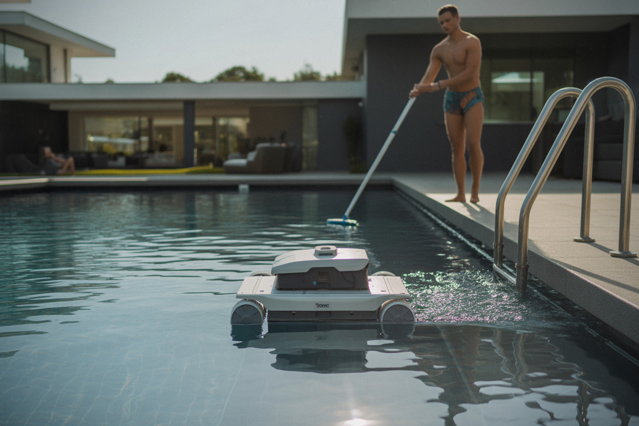 Robot de piscine contournant marches et échelle près des parois