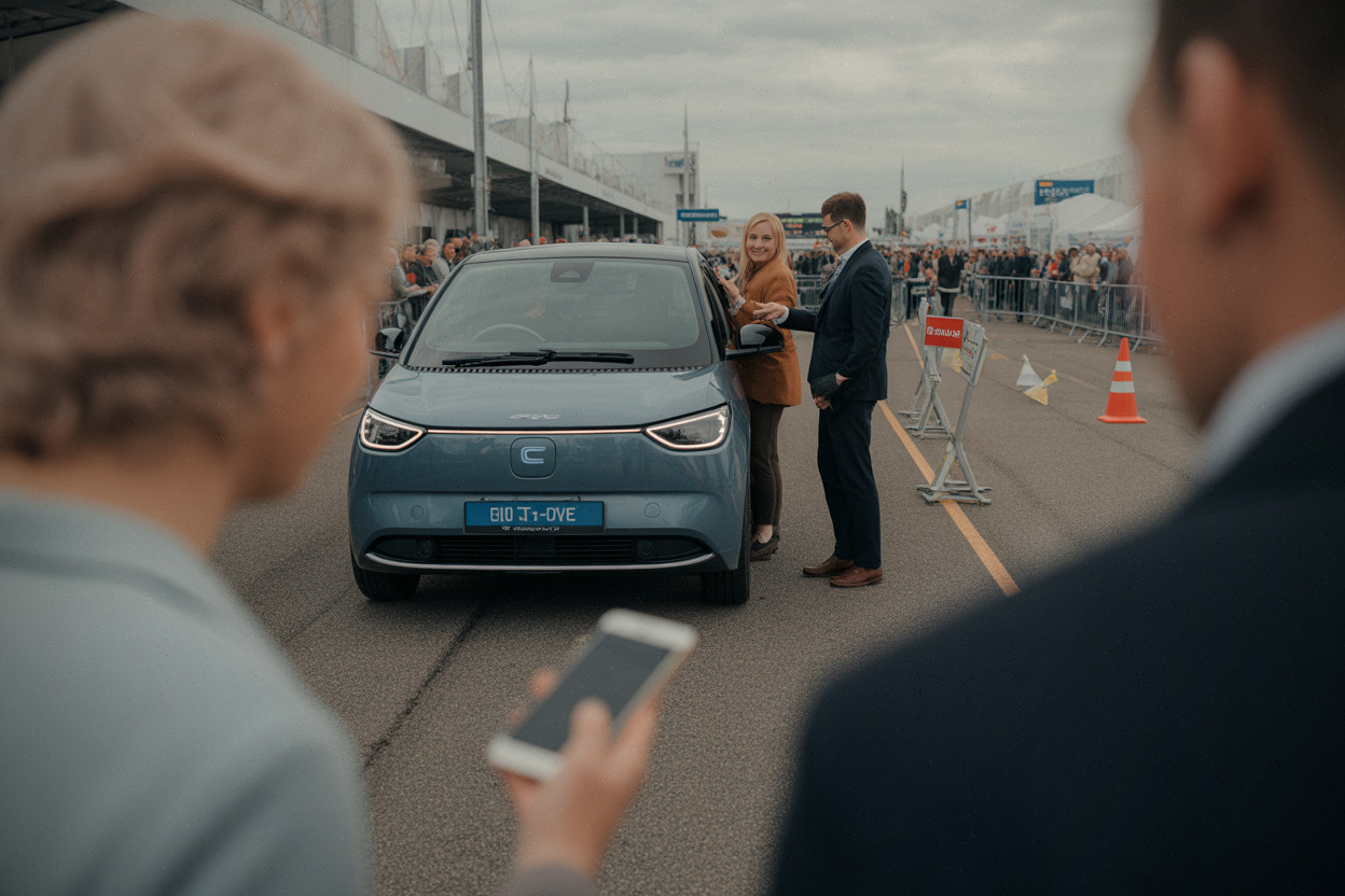 Zone d’essais du salon, visiteurs montent dans une voiture électrique