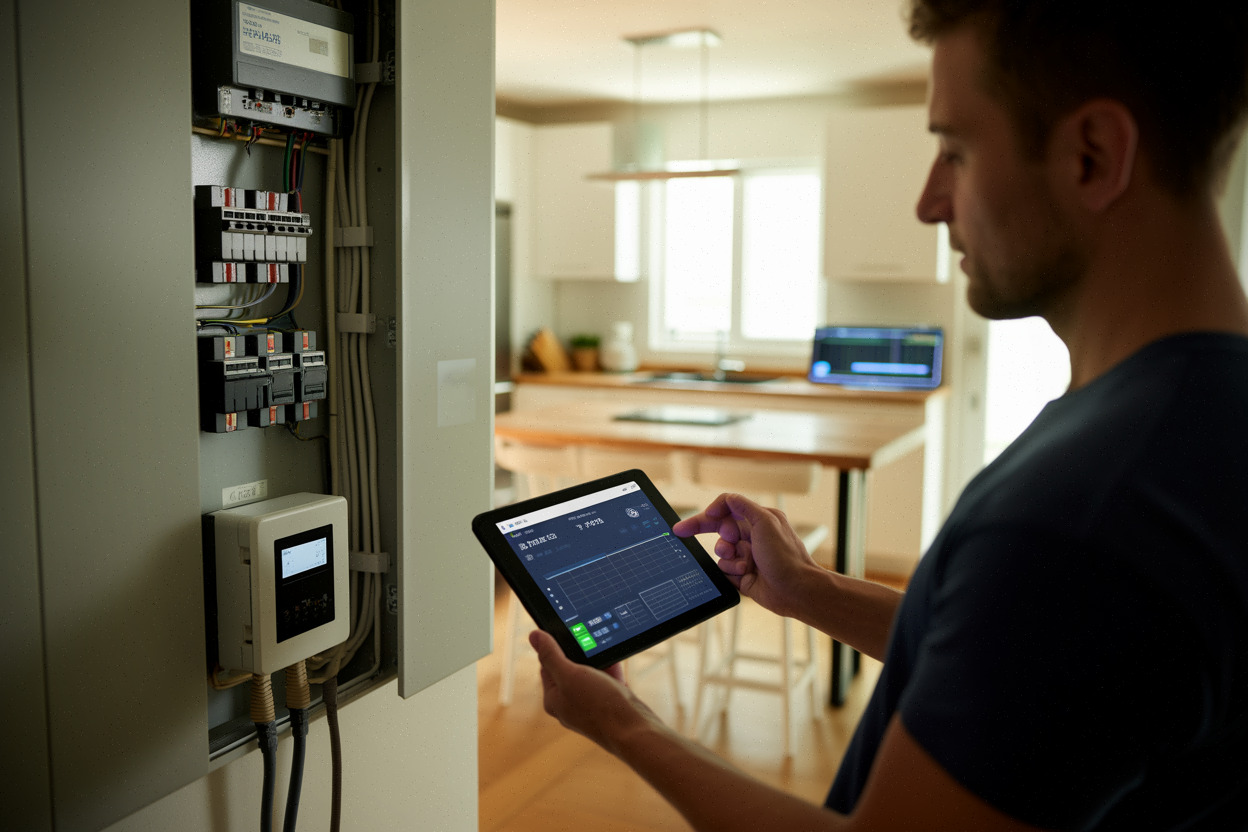 Suivi de production solaire sur tablette près du tableau électrique