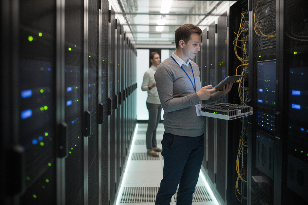 Ingénieur contrôle une infrastructure IA privée avec serveurs GPU
