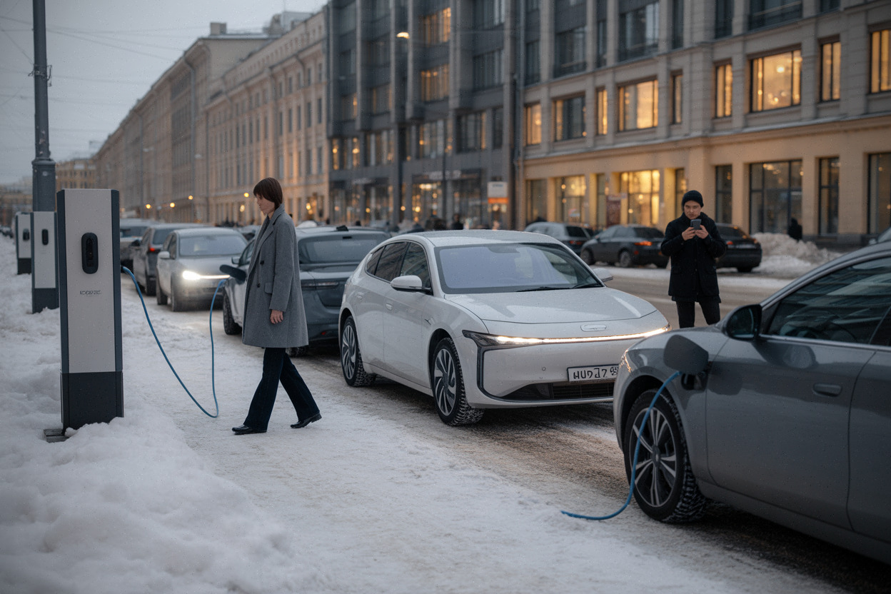 Recharge de voitures électriques en hiver à Saint-Pétersbourg, bornes publiques actives