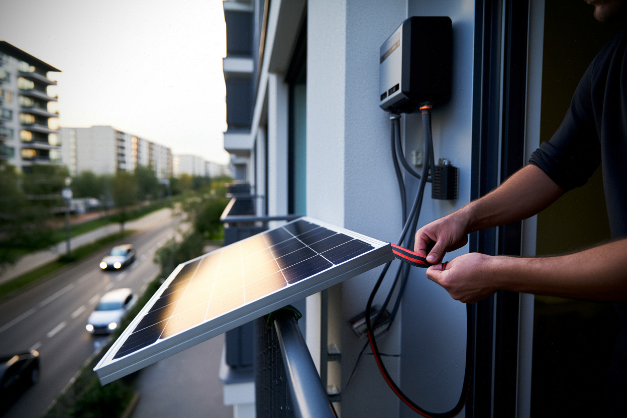 Kit solaire plug-and-play installé sur balcon, fixation sécurisée en ville