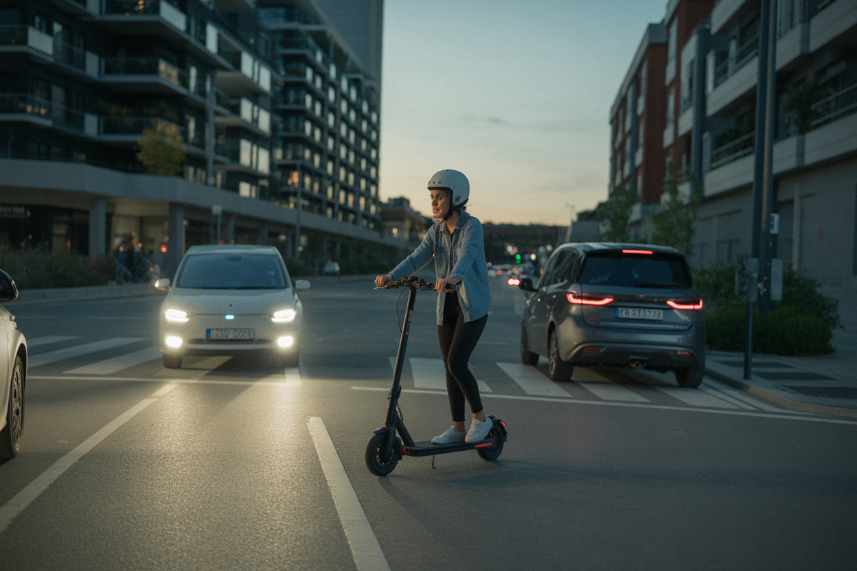 Trottinettiste avec casque et clignotants dans une rue italienne moderne