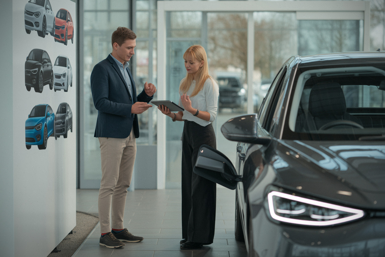 Conseiller explique l’électrification Renault à un client en concession européenne