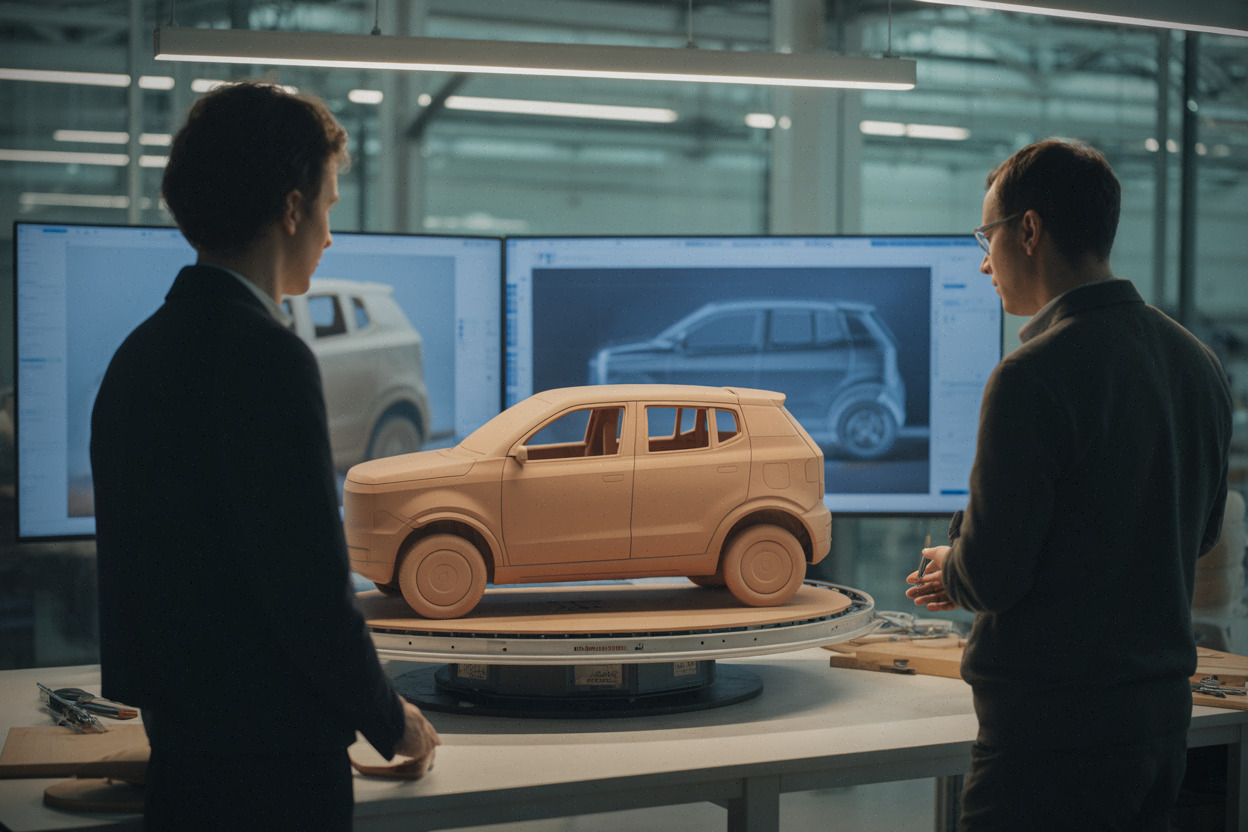 Ingénieurs Ford et Geely autour d’un prototype SUV en studio