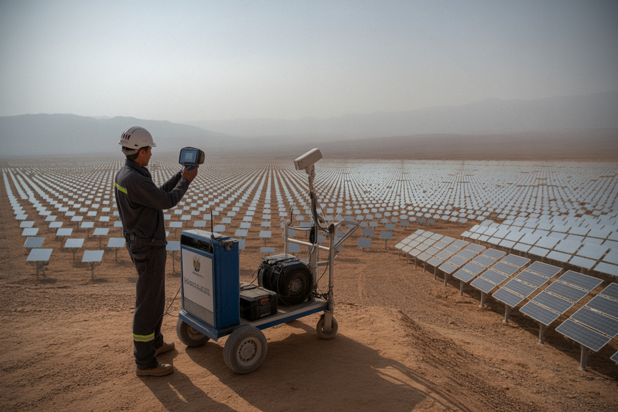 Complexe solaire près d’Ouarzazate, technicien en inspection sur site désertique