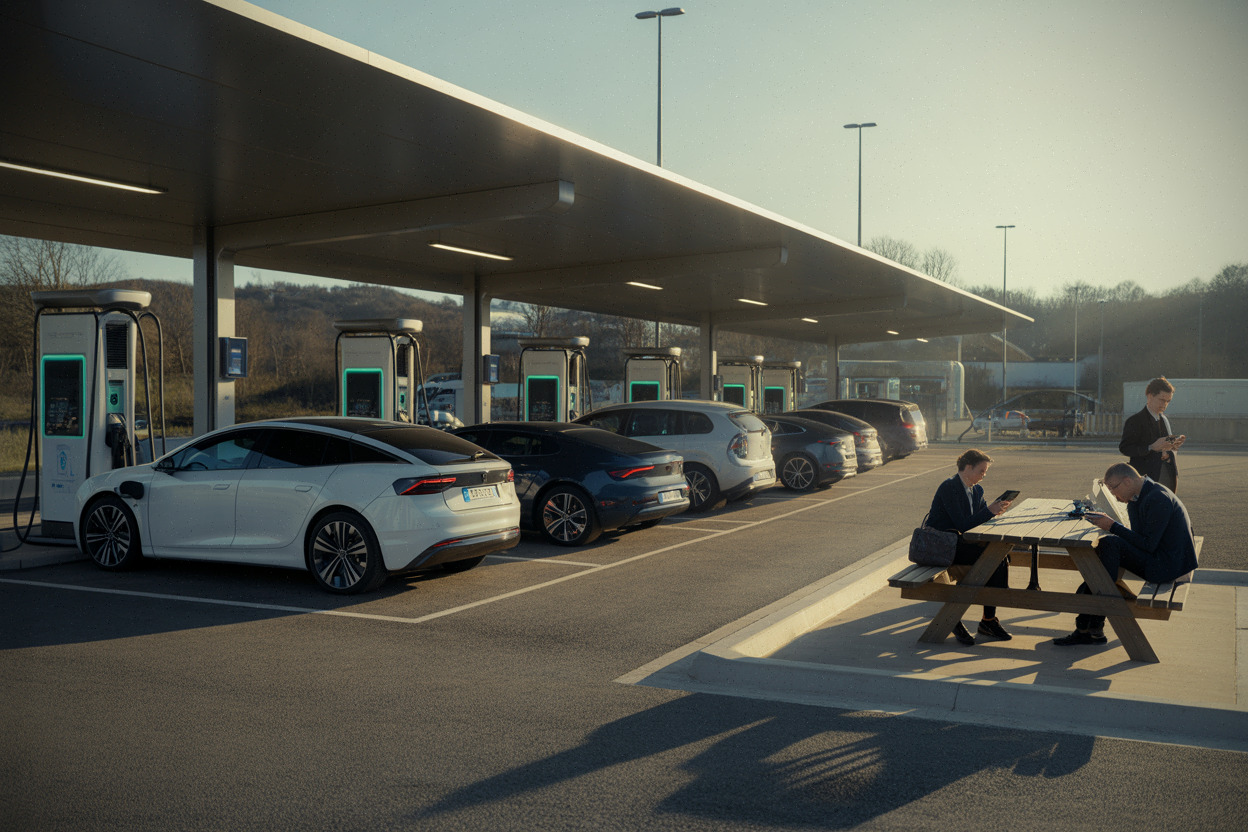 File d’attente à une station de recharge rapide en été